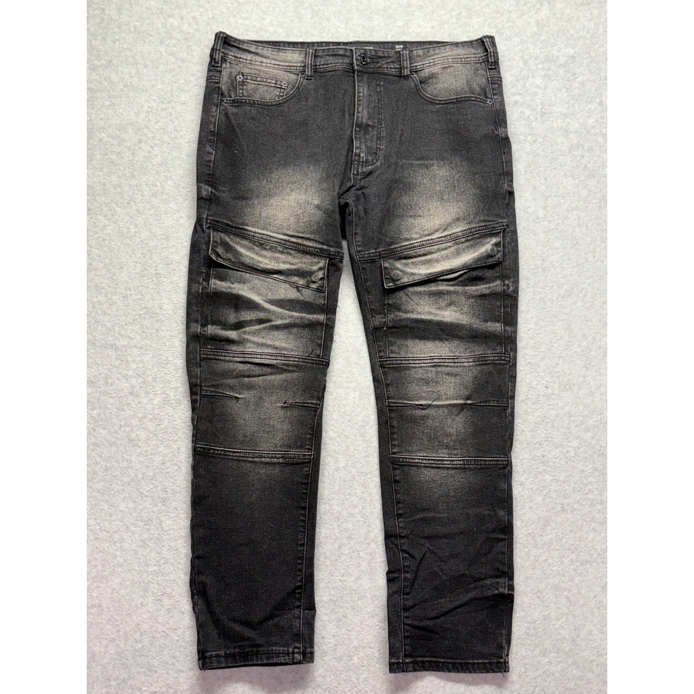 Modern Culture Mens‎ Moto Jeans Faded Black Slim Straight 36x30 Panelled Denim
